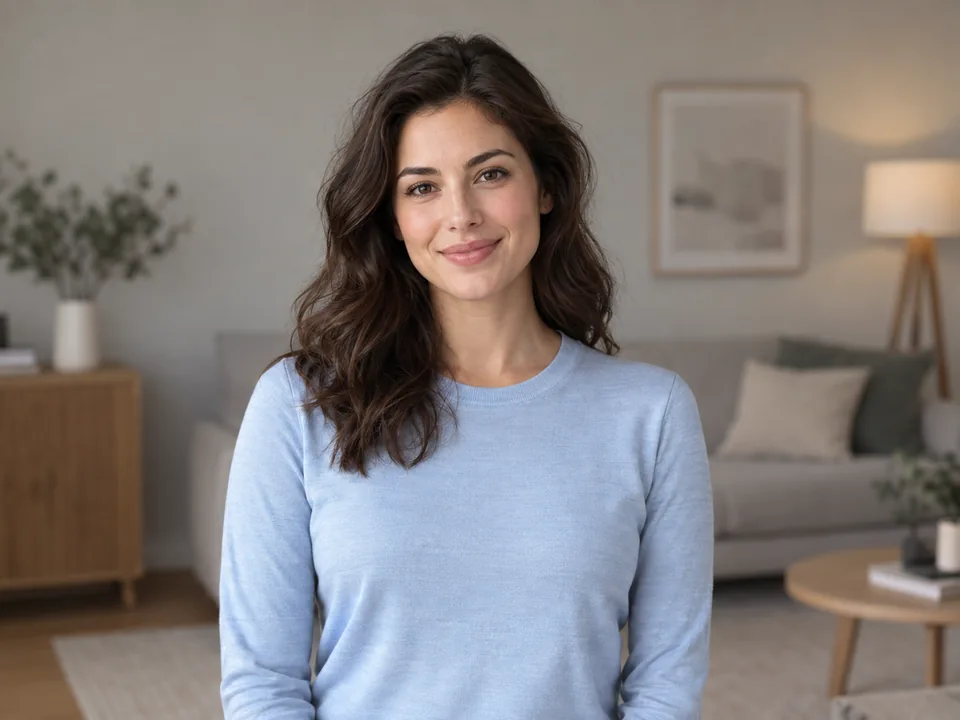 Woman with wavy brown hair wearing a blue top in a living room