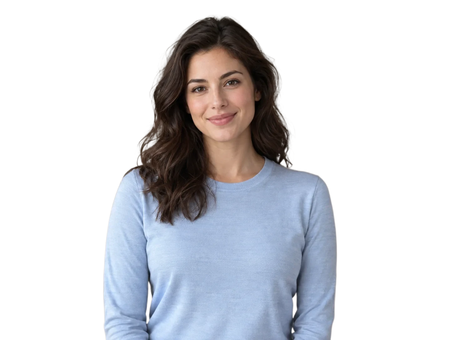 Background removed: Woman with wavy brown hair wearing a blue top in a living room
