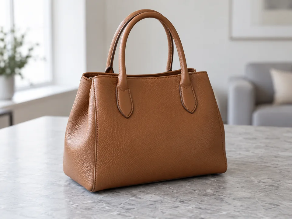 Brown leather handbag on a stone table